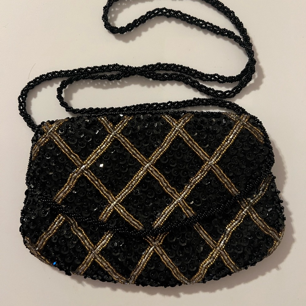 Elegant Black and Gold Beaded Women's Bag